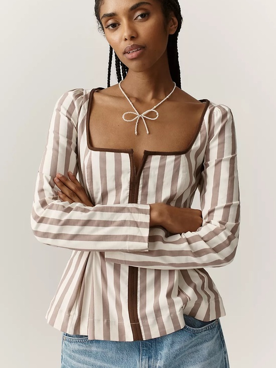 Maeve Tops - NWT Anthropologie Maeve Striped Square Neck Peplum Blouse Size M Brown White